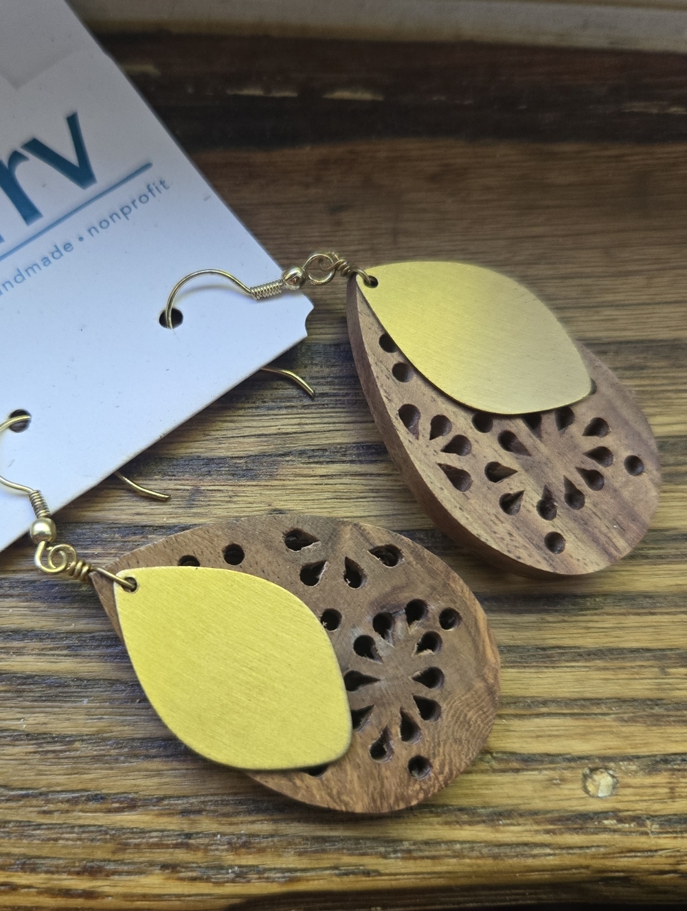 Wooden And Metal Dangle Earrings